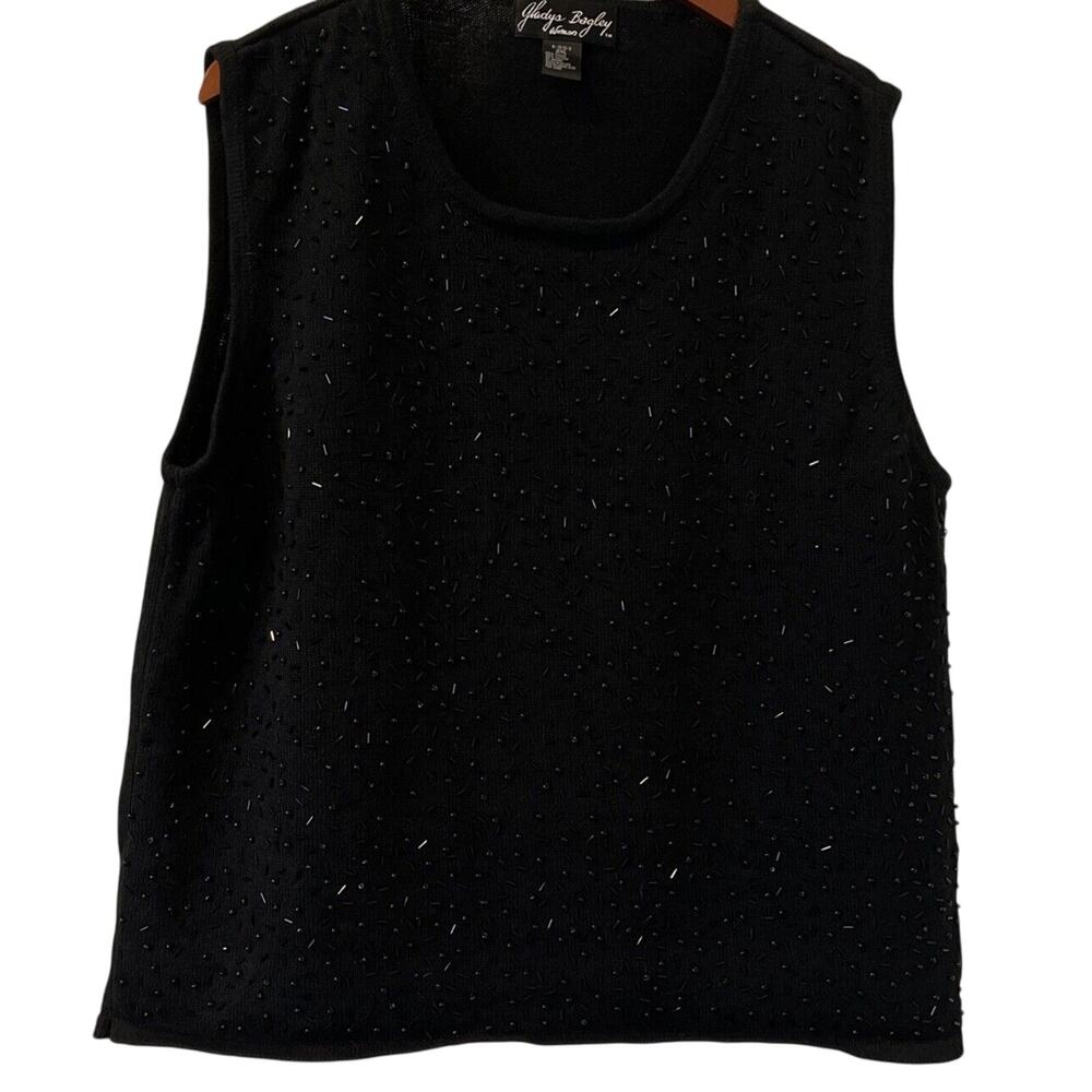 Gladys Bagley Womens 2x Black Beaded Sleeveless Knit Tank Shell Top Vintage
